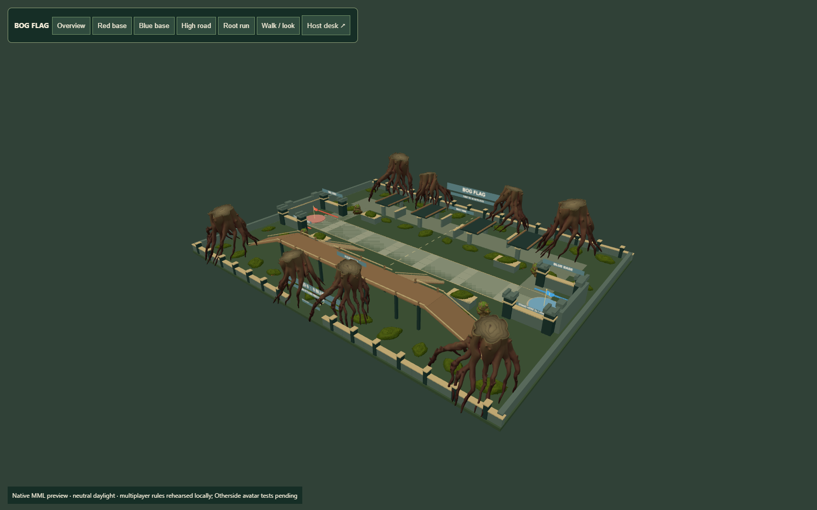 Actual BOG Flag browser build with mangrove trees, roots and moss around its play routes