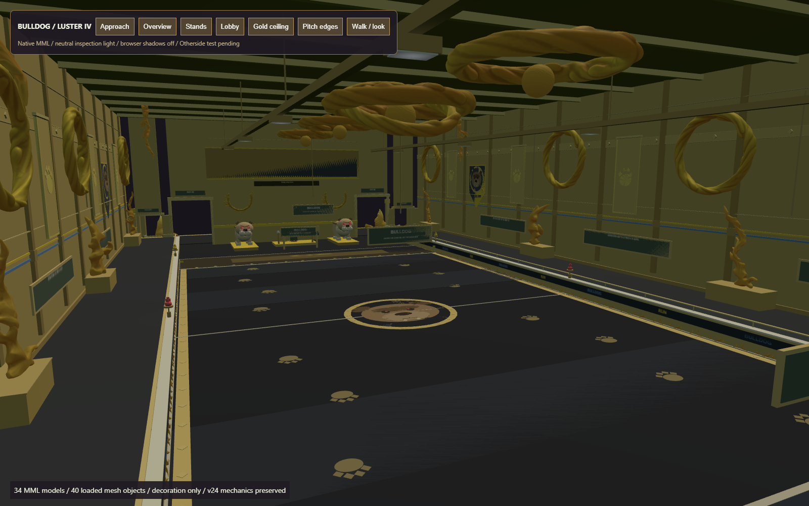Actual Bulldog Luster decorated arena with gold architecture and dark floors